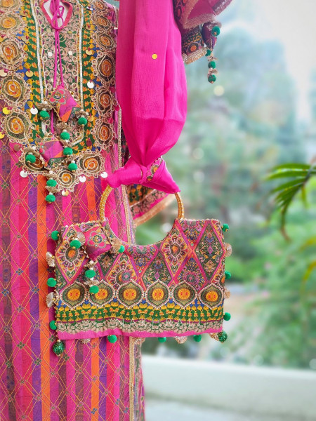 Aabroo Magenta Kurta Palazzo Set with Embroidered Detailing