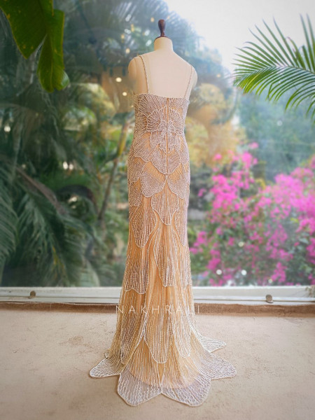 Yvonne Beige Embellished Evening Gown with Pearl Work