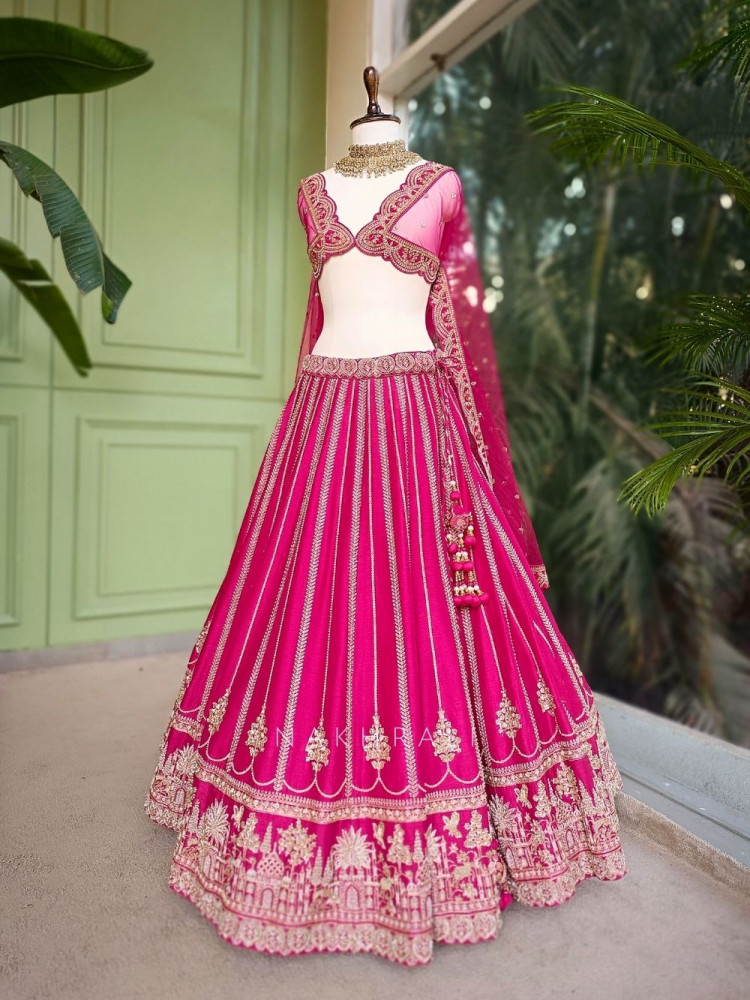 Image of Vasundhira Magenta Unstitched Lehenga with Gota Patti and Zari Work