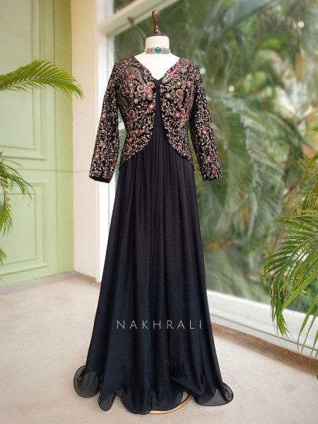 Velvette Grace Black Dress with Thread Embroidered Jacket