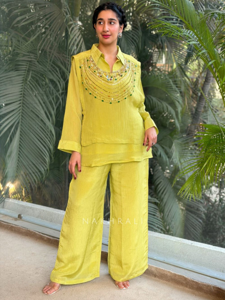 Nyra Green Tissue Indo-Western Layered Palazzo Set