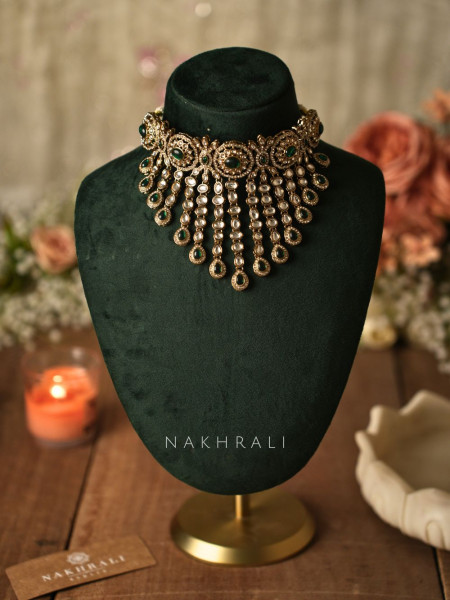 Meheraan Green Bridal Kundan Necklace Set