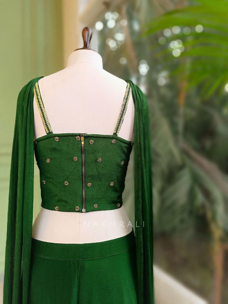 Yevira Green Bead Embellished Crop Top Palazzo Set with Dupatta