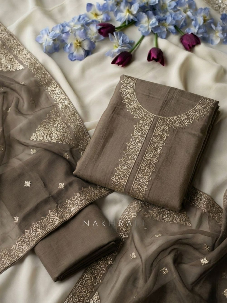 Image of Virelle Brown Embroidered Dress Material with Sheer Dupatta