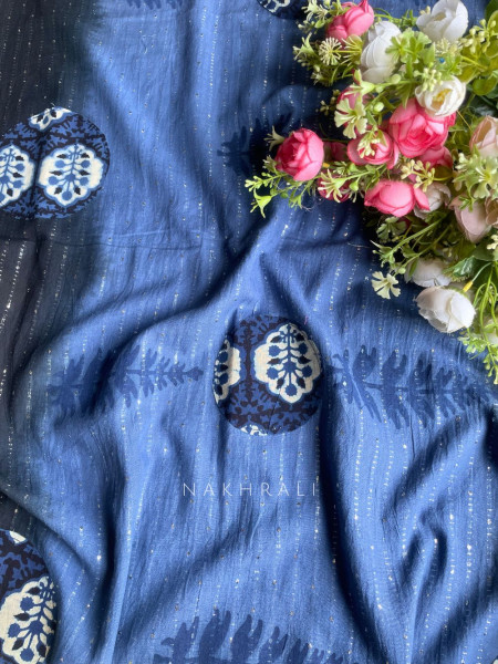 Zorina Blue Printed Dress Material with Tassel Detail