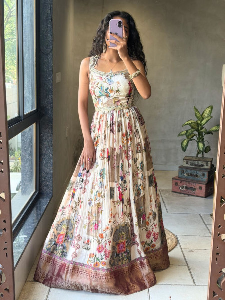 Zarvella Cream Anarkali with Artistic Printed Work and Dupatta