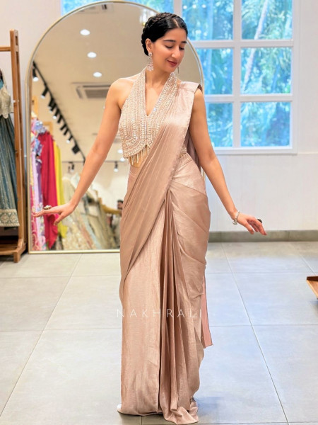 Shreena Pink Drape Saree with Sequin Beads Halter Blouse