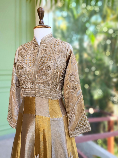 Zareen Golden Sequin & Zari Embroidered Anarkali Suit Set