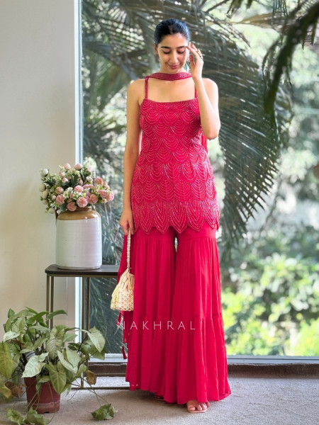Royal Aura Magenta Gharara Set with Pearl and Cutdana Work