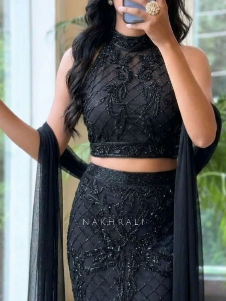 Shabnam Onyx Hand-Beaded Black Indo Western Lehenga