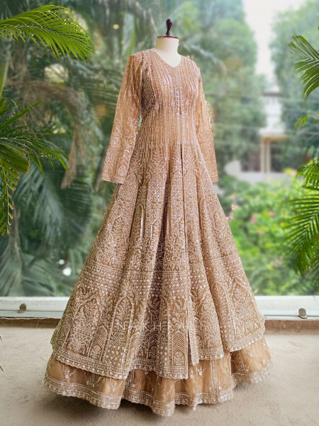 Seraphira Peach Net Achkan Lehenga with Sequin and Stone Work