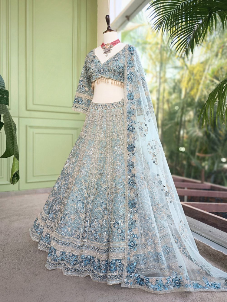 Image of Shobhita Pista Green Net Lehenga with Sequin Thread and Pearl Work