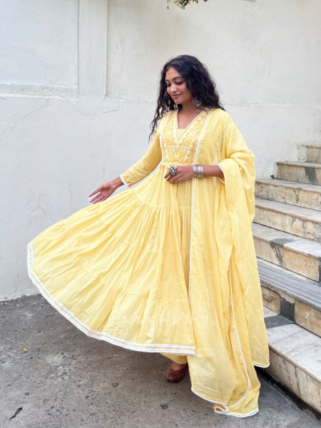 Sutra Yellow  Anarkali Suit Set with Thread Embroidery and Dupatta