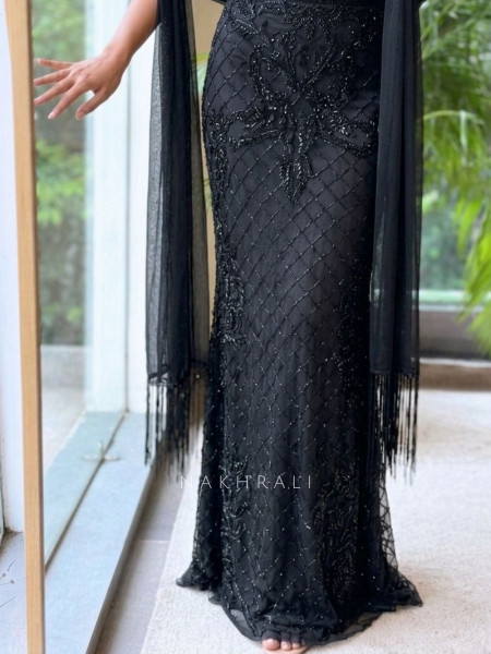 Shabnam Onyx Hand-Beaded Black Indo Western Lehenga