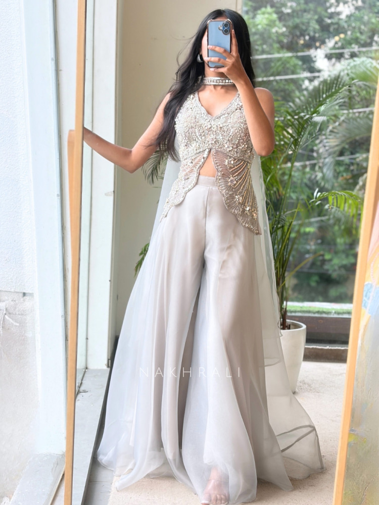 Image of Butterfly Grey Indo-Western Set with Sequin and Cut Dana Work