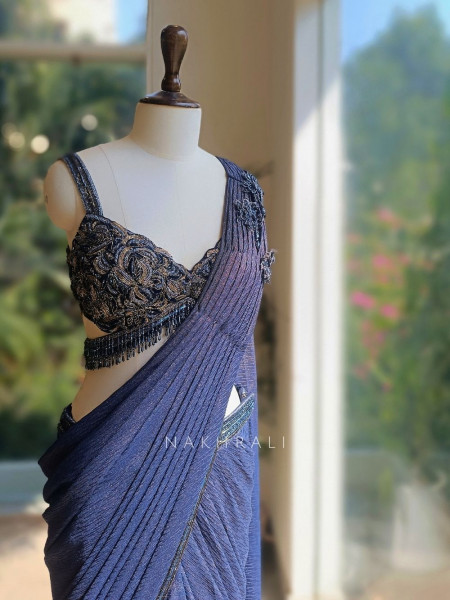 Blue Zari Weaved Lycra Drape Saree with Embellished Blouse