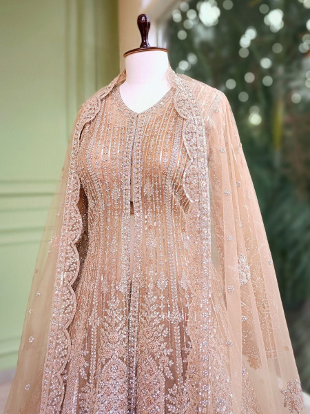 Seraphira Peach Net Achkan Lehenga with Sequin and Stone Work