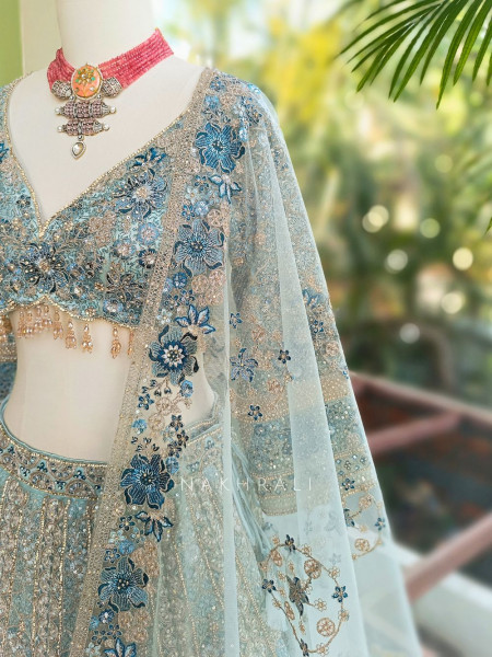 Shobhita Pista Green Net Lehenga with Sequin Thread and Pearl Work