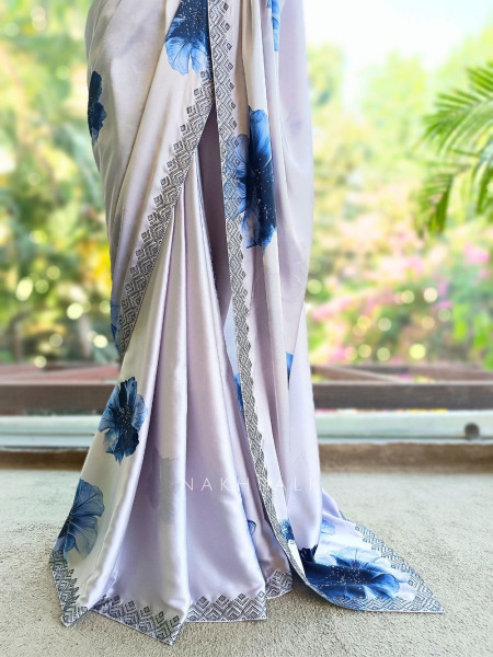 Breeze Blue Floral Printed Saree with Readymade Blouse