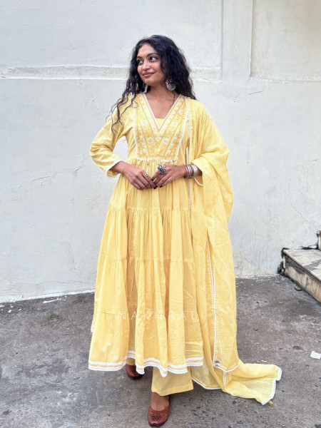 Sutra Yellow  Anarkali Suit Set with Thread Embroidery and Dupatta