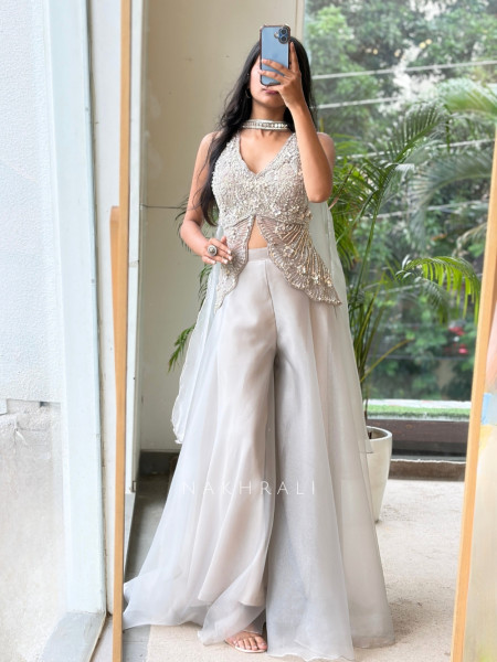 Butterfly Grey Indo-Western Set with Sequin and Cut Dana Work