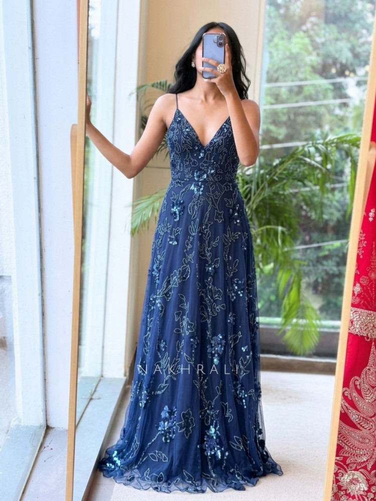 Image of Afra Cutdana Encrusted Flared Navy Blue Gown