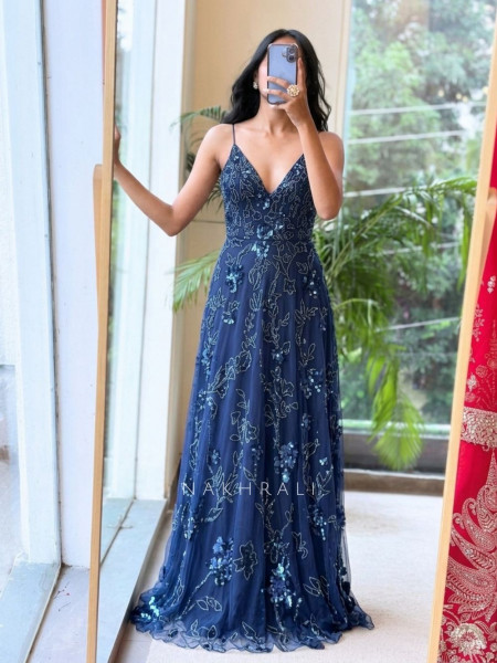 Afra Cutdana Encrusted Flared Navy Blue Gown