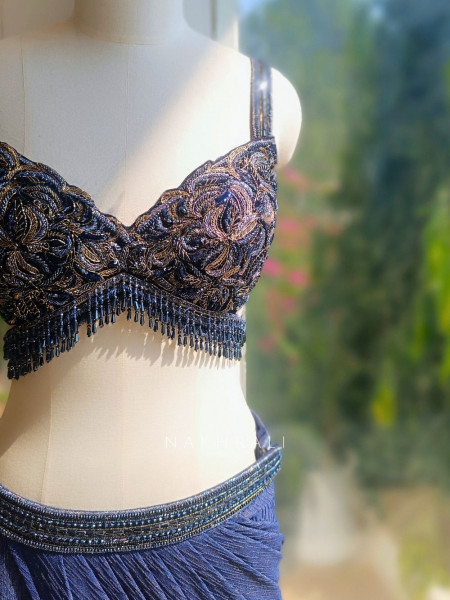 Blue Zari Weaved Lycra Drape Saree with Embellished Blouse