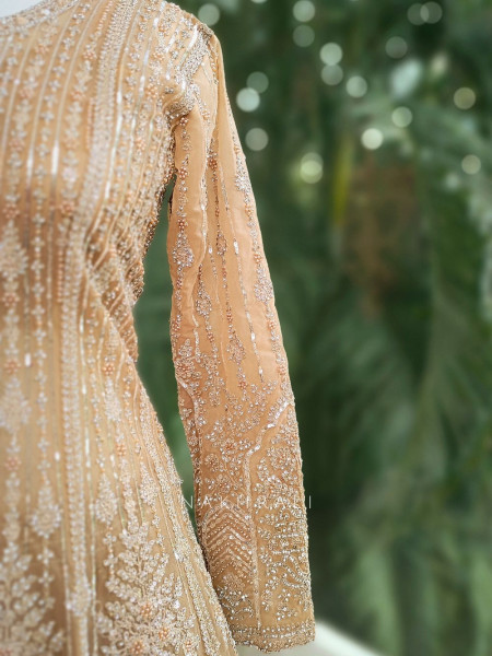Seraphira Peach Net Achkan Lehenga with Sequin and Stone Work