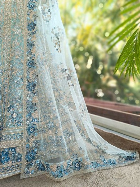 Shobhita Pista Green Net Lehenga with Sequin Thread and Pearl Work