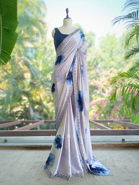 Breeze Blue Floral Printed Saree with Readymade Blouse