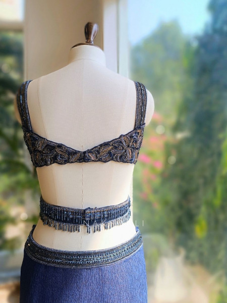 Blue Zari Weaved Lycra Drape Saree with Embellished Blouse