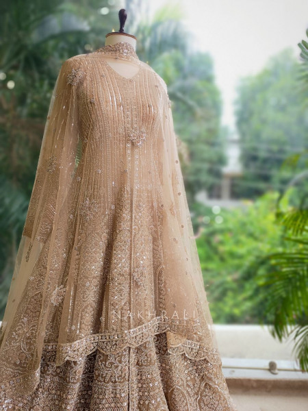 Seraphira Peach Net Achkan Lehenga with Sequin and Stone Work