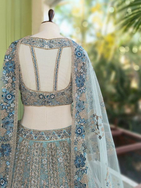Shobhita Pista Green Net Lehenga with Sequin Thread and Pearl Work