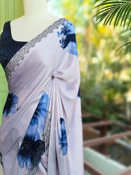 Breeze Blue Floral Printed Saree with Readymade Blouse