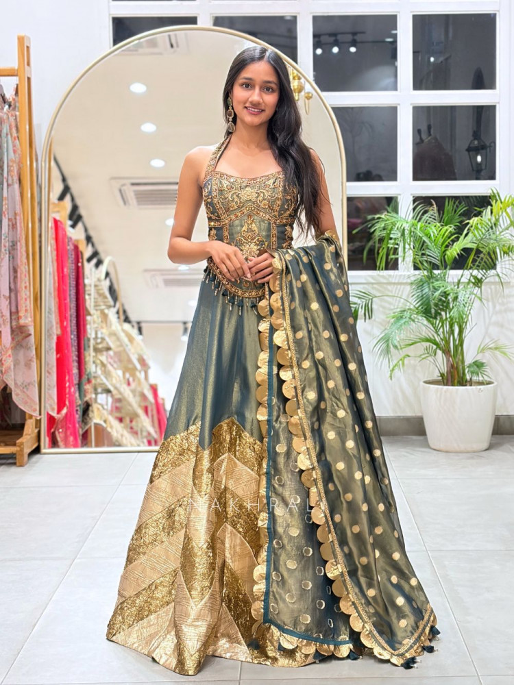 Image of Gota Glamour Green Corset Lehenga
