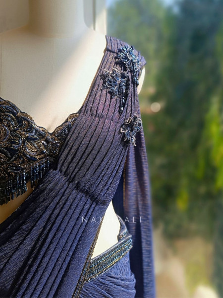 Blue Zari Weaved Lycra Drape Saree with Embellished Blouse