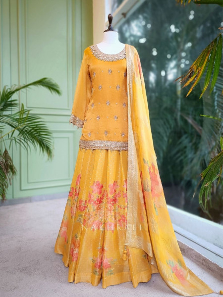 Sunhera Yellow Silk Kurta & Skirt Set with Zari Zardozi Work