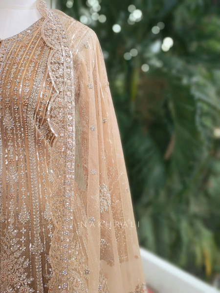 Seraphira Peach Net Achkan Lehenga with Sequin and Stone Work