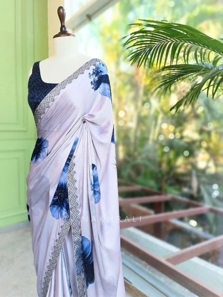 Breeze Blue Floral Printed Saree with Readymade Blouse