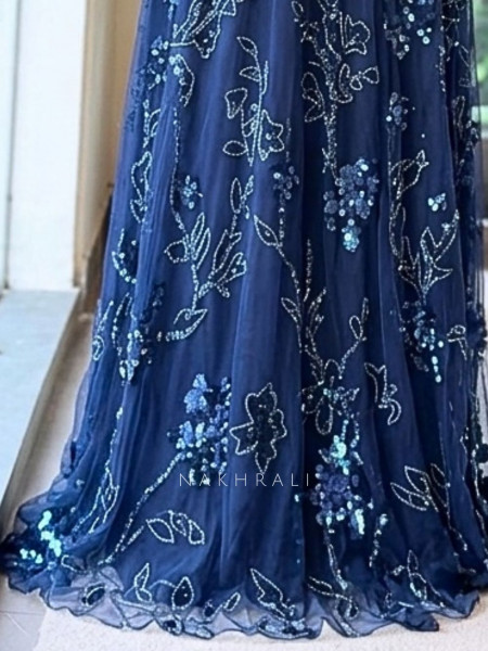 Afra Cutdana Encrusted Flared Navy Blue Gown