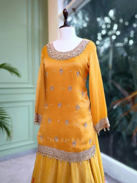 Sunhera Yellow Silk Kurta & Skirt Set with Zari Zardozi Work