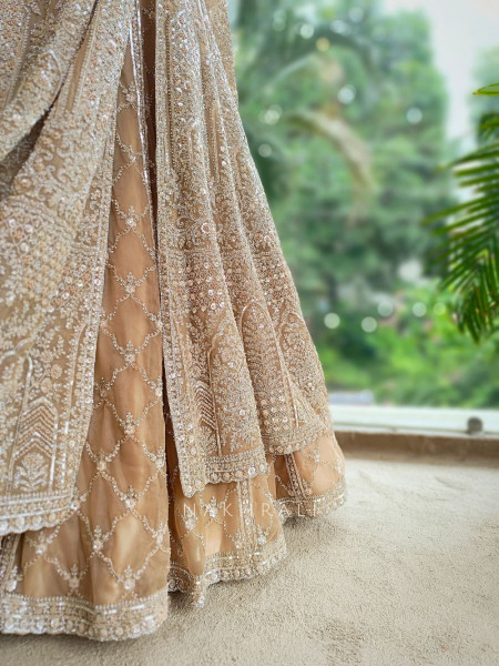 Seraphira Peach Net Achkan Lehenga with Sequin and Stone Work