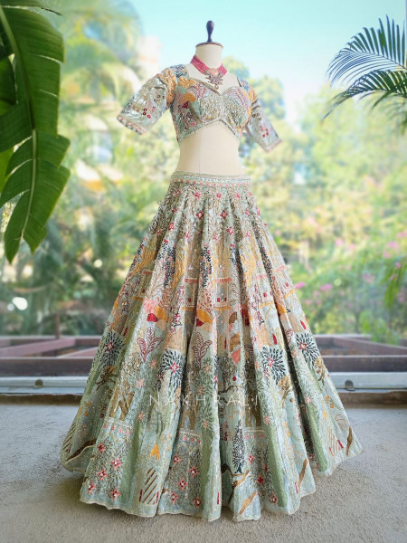 Kachhi dori Pista Green Lehenga Set with Sequin Thread Embroidery