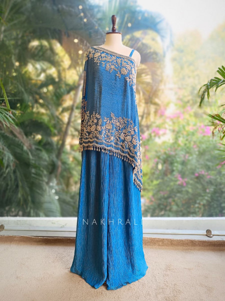 Azure Bloom Cape Top Sharara Set with Cut dana Work