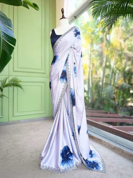 Breeze Blue Floral Printed Saree with Readymade Blouse