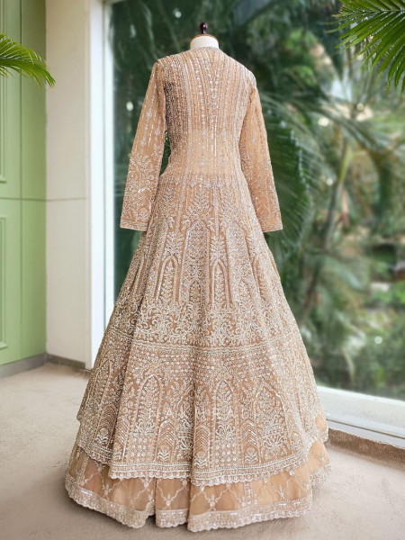 Seraphira Peach Net Achkan Lehenga with Sequin and Stone Work