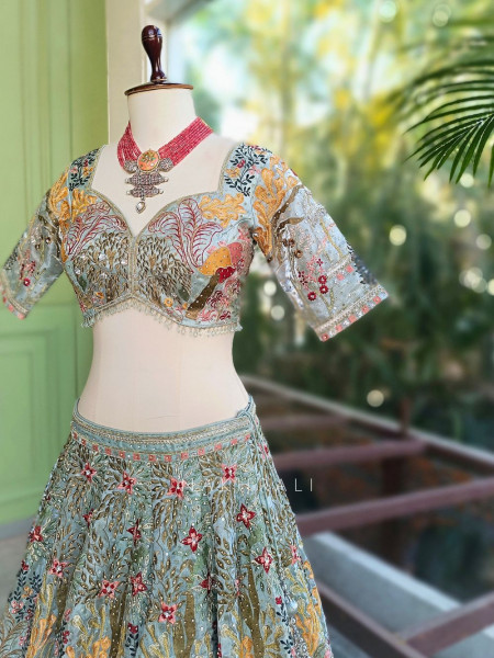 Kachhi dori Pista Green Lehenga Set with Sequin Thread Embroidery