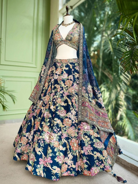Iravya Navy Floral Lehenga with Printed Dupatta