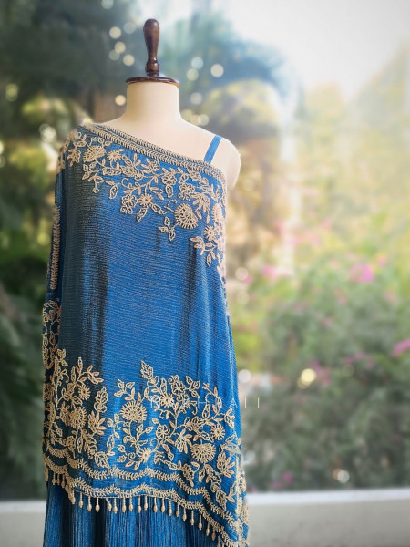 Azure Bloom Cape Top Sharara Set with Cut dana Work